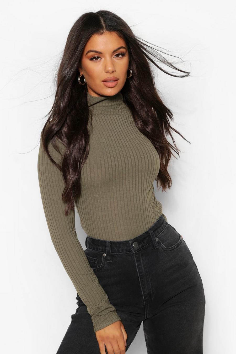 Khaki Turtle Neck Knitted Ribbed Top image number 1