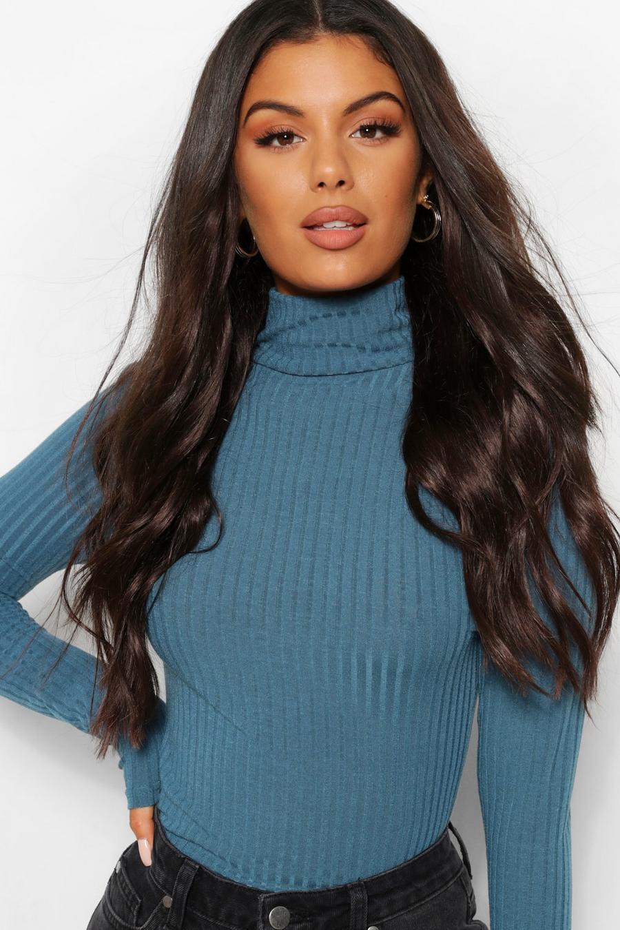 Teal Turtle Neck Knitted Ribbed Top image number 1