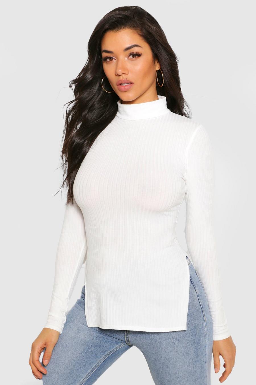 Ecru white Side Split Turtle Neck Knitted Ribbed Top
