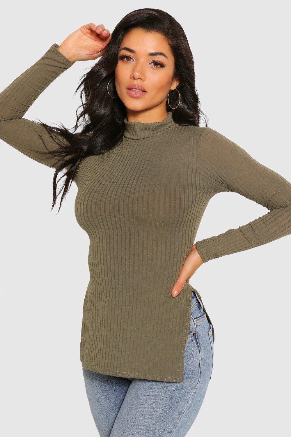 Side Split Turtle Neck Knitted Ribbed Top