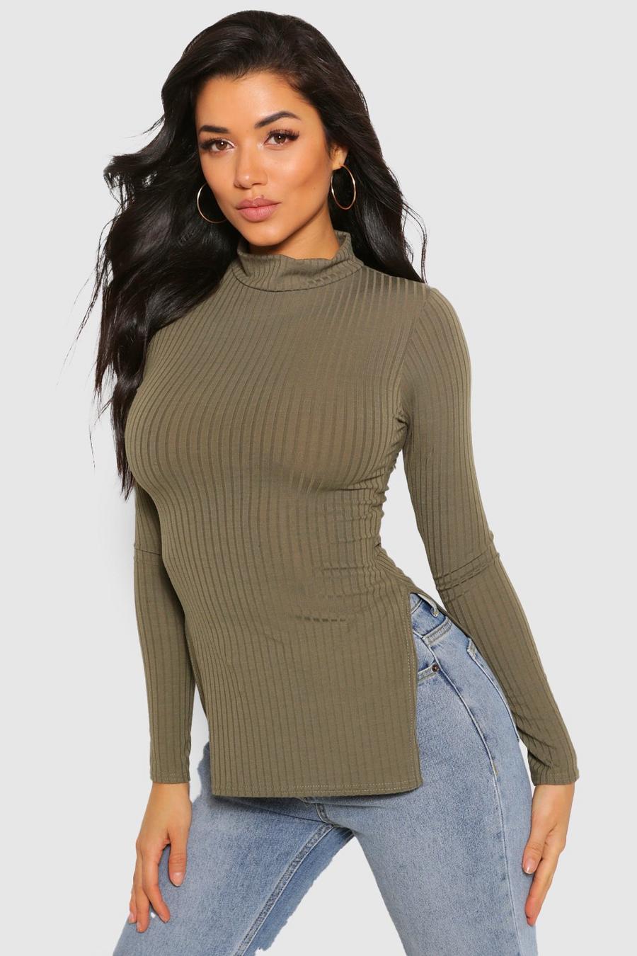 Khaki Side Split Turtle Neck Knitted Ribbed Top