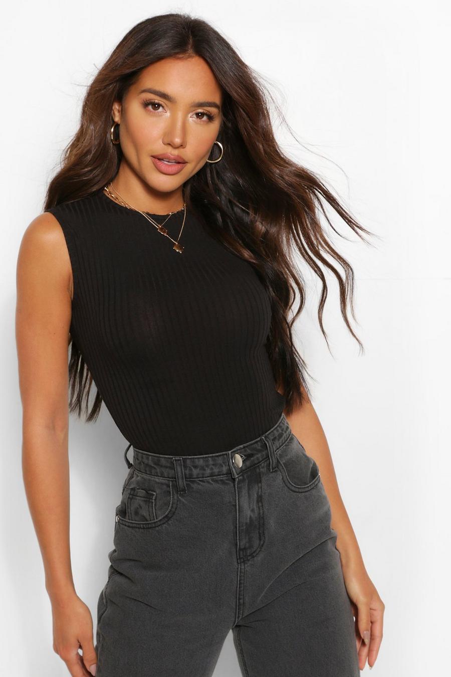 Black Crew Neck Knitted Rib Bodysuit image number 1