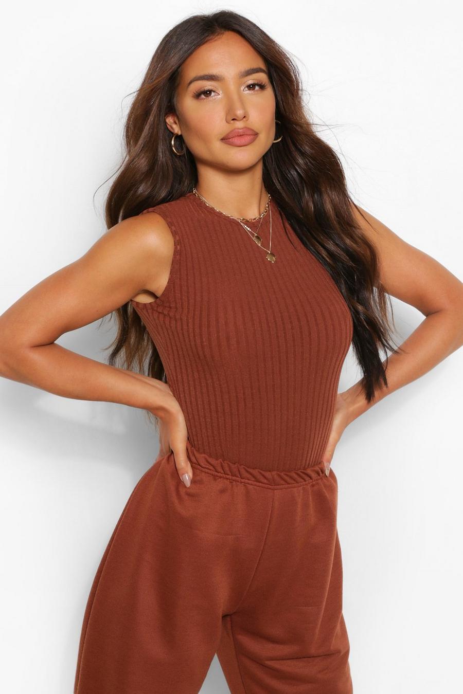 Chocolate Crew Neck Knitted Rib Bodysuit image number 1