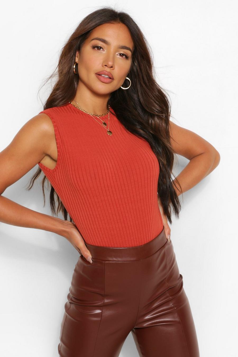 Rust Crew Neck Knitted Rib Bodysuit image number 1