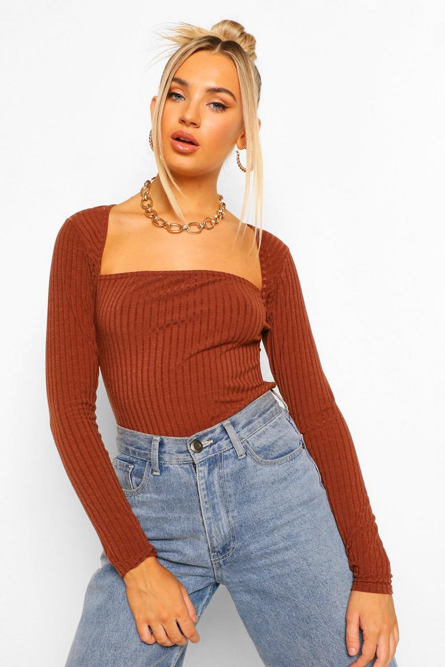 Chocolate Curved Square Neck Knitted Rib Bodysuit image number 1
