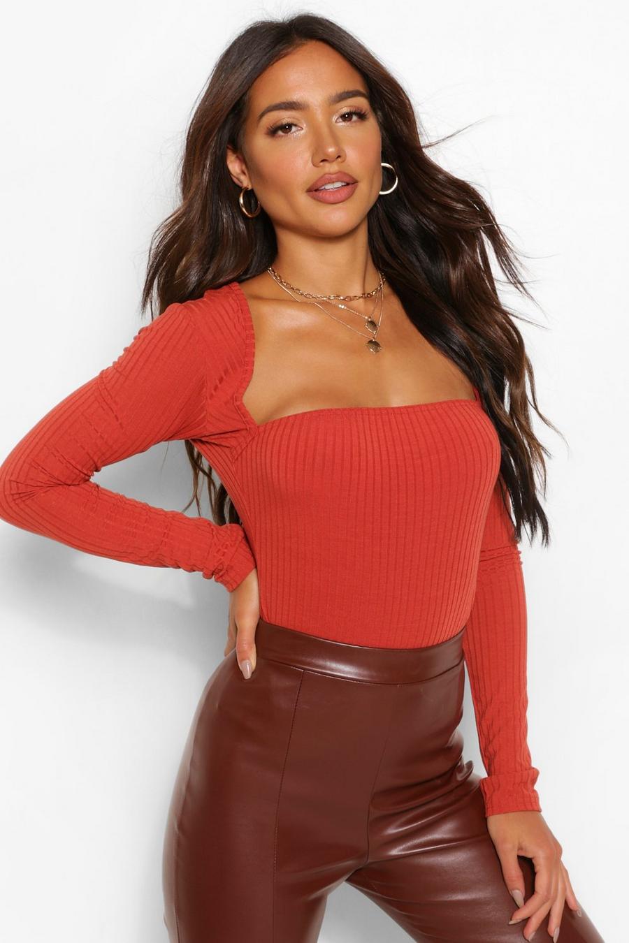 Rust Curved Square Neck Knitted Rib Bodysuit image number 1