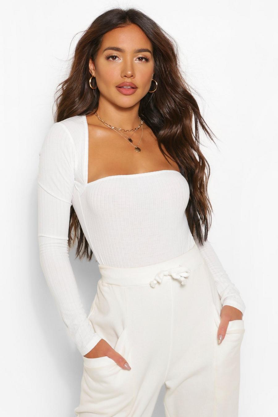 White Curved Square Neck Knitted Rib Bodysuit image number 1