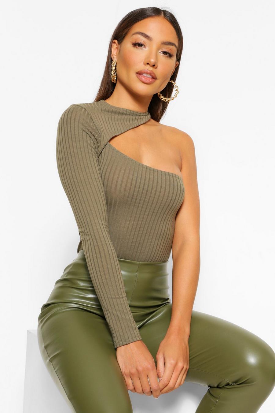 Khaki Cut Out 1 Shoulder Knitted Rib Bodysuit image number 1