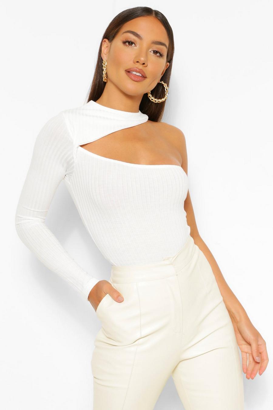 White Cut Out 1 Shoulder Knitted Rib Bodysuit image number 1
