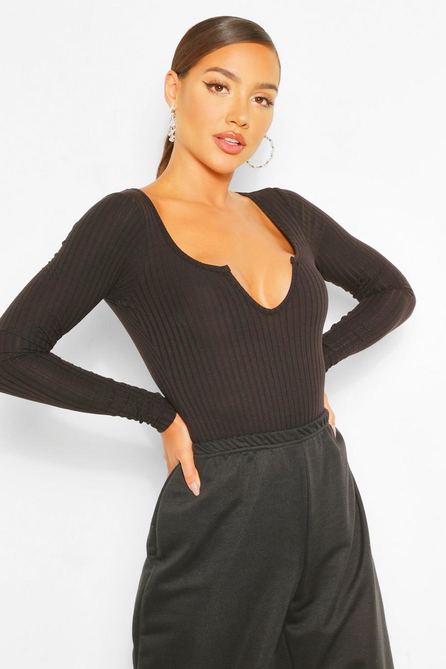 Black Extreme Scoop Notch Knitted Rib Bodysuit image number 1