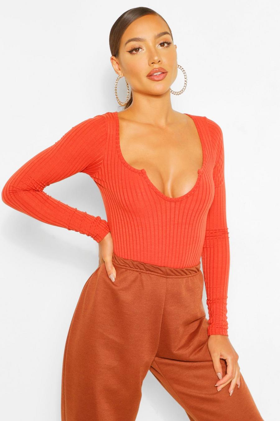 Rust Extreme Scoop Notch Knitted Rib Bodysuit image number 1