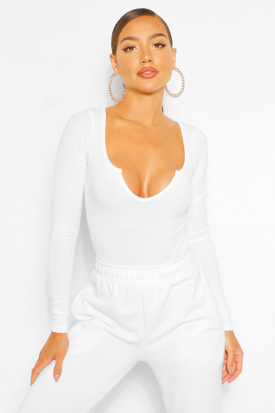 White Extreme Scoop Notch Knitted Rib Bodysuit image number 1