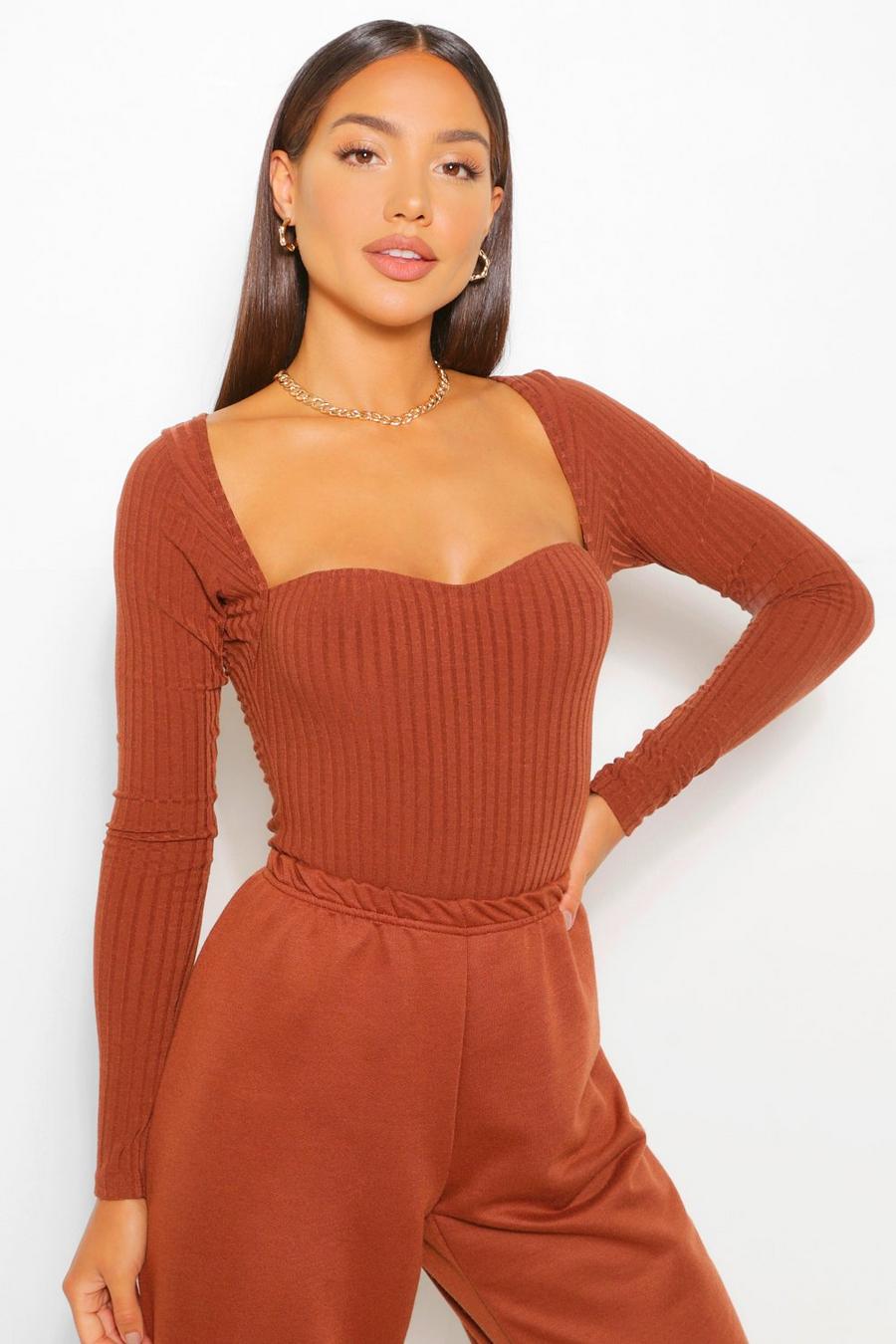 Chocolate Sweetheart Neck Knitted Rib Bodysuit image number 1
