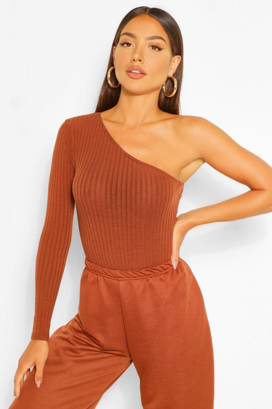 Chocolate One Shoulder Rib Knitted Bodysuit image number 1
