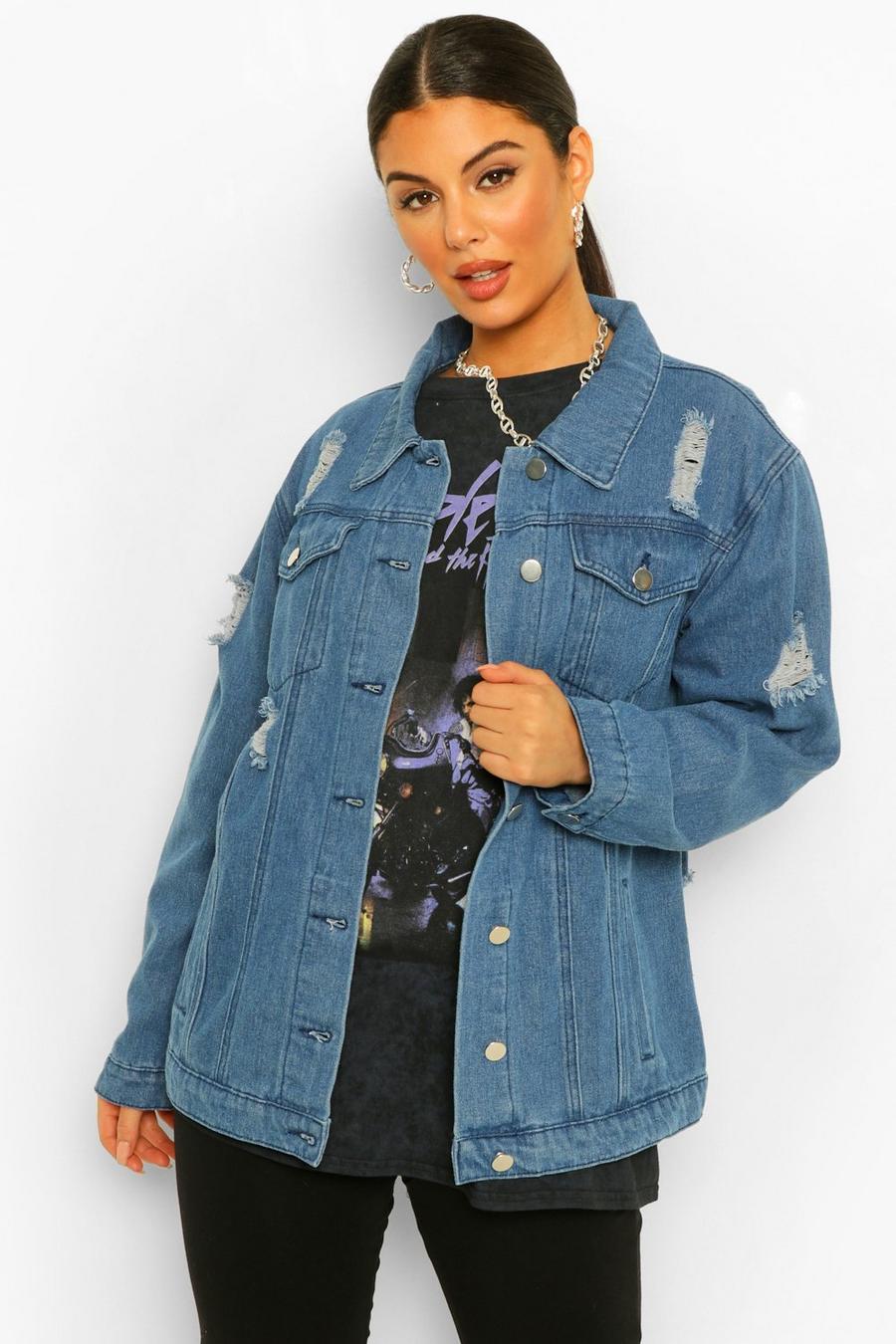 Blue Oversize jeansjacka med slitage image number 1