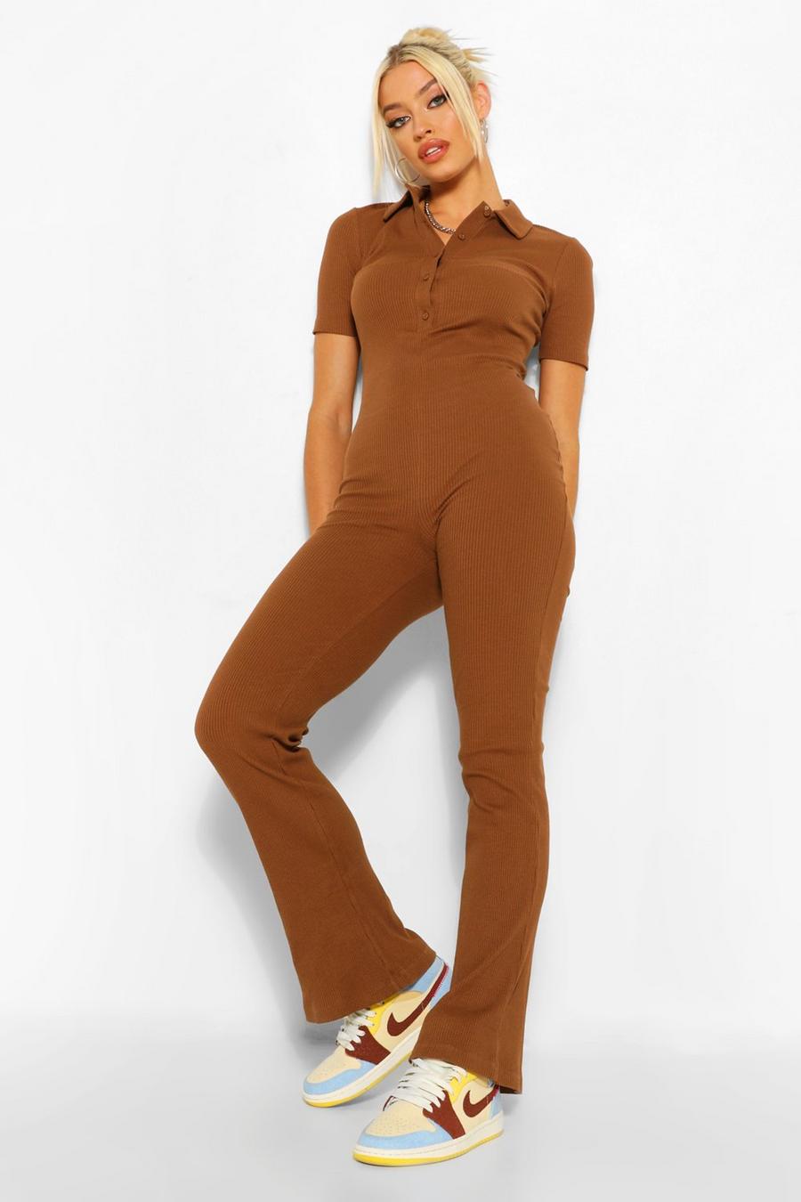 Rib Collared Button Fastening Flared Jumpsuit image number 1