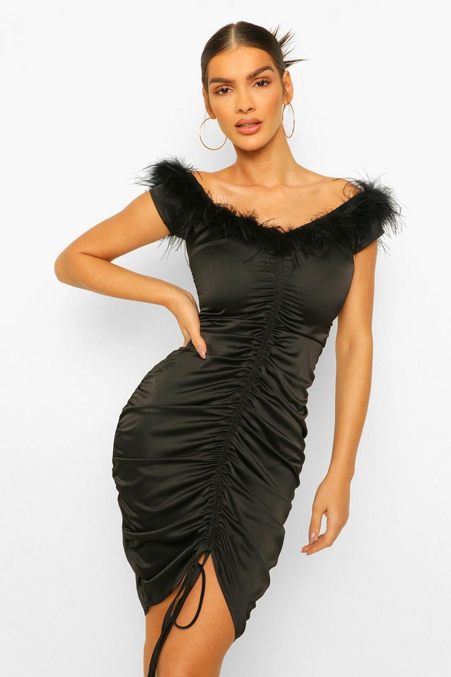 Black Feather Trim Off The Shoulder Midi Dress image number 1