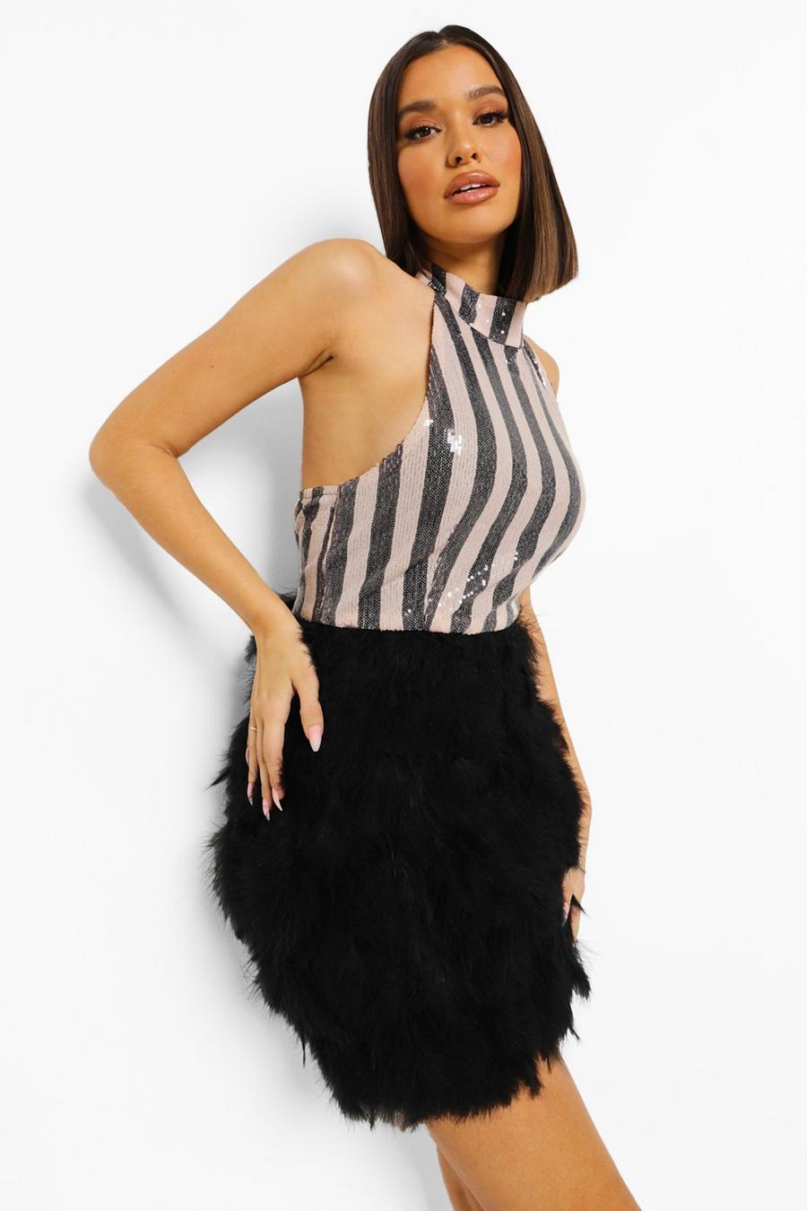 Black Stripe Sequin Feather Skirt Mini Dress image number 1
