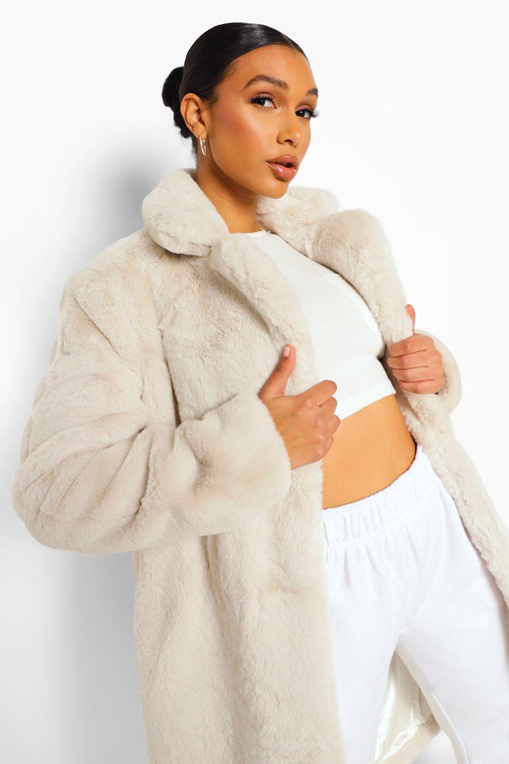 stone belted faux fur hooded robe coat