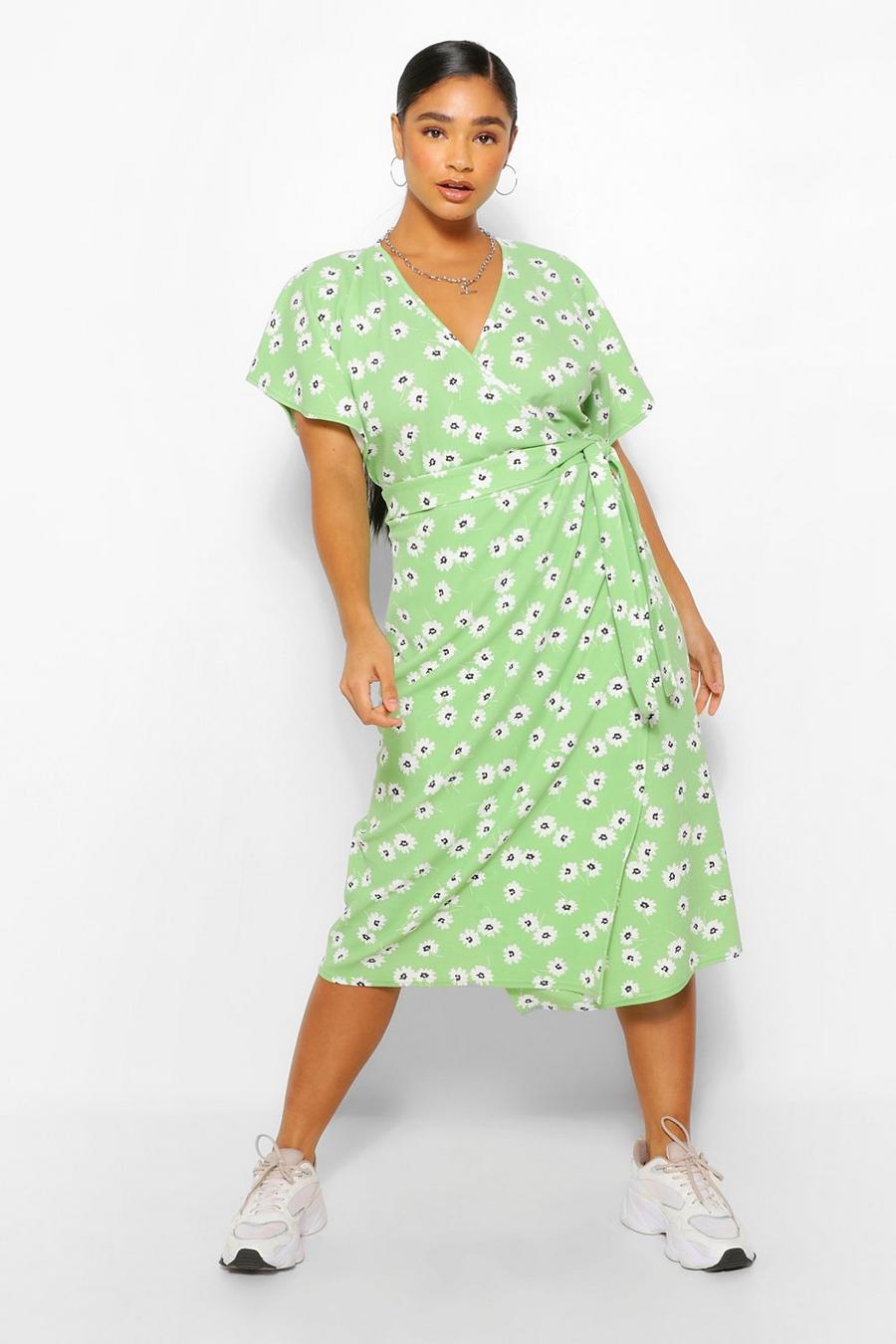 שמלת מידי בלעדית פרחונית ירוקה עם קשירה בצד למידות גדולות image number 1