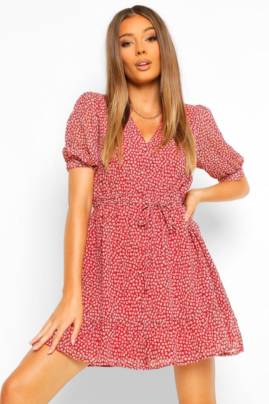 אדום שמלת מיני פרחונית עם כפתורים ושרוולים קצרים image number 1