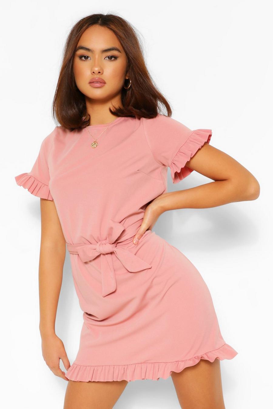 Pink Frill Sleeve Tie Waist Mini Dress image number 1