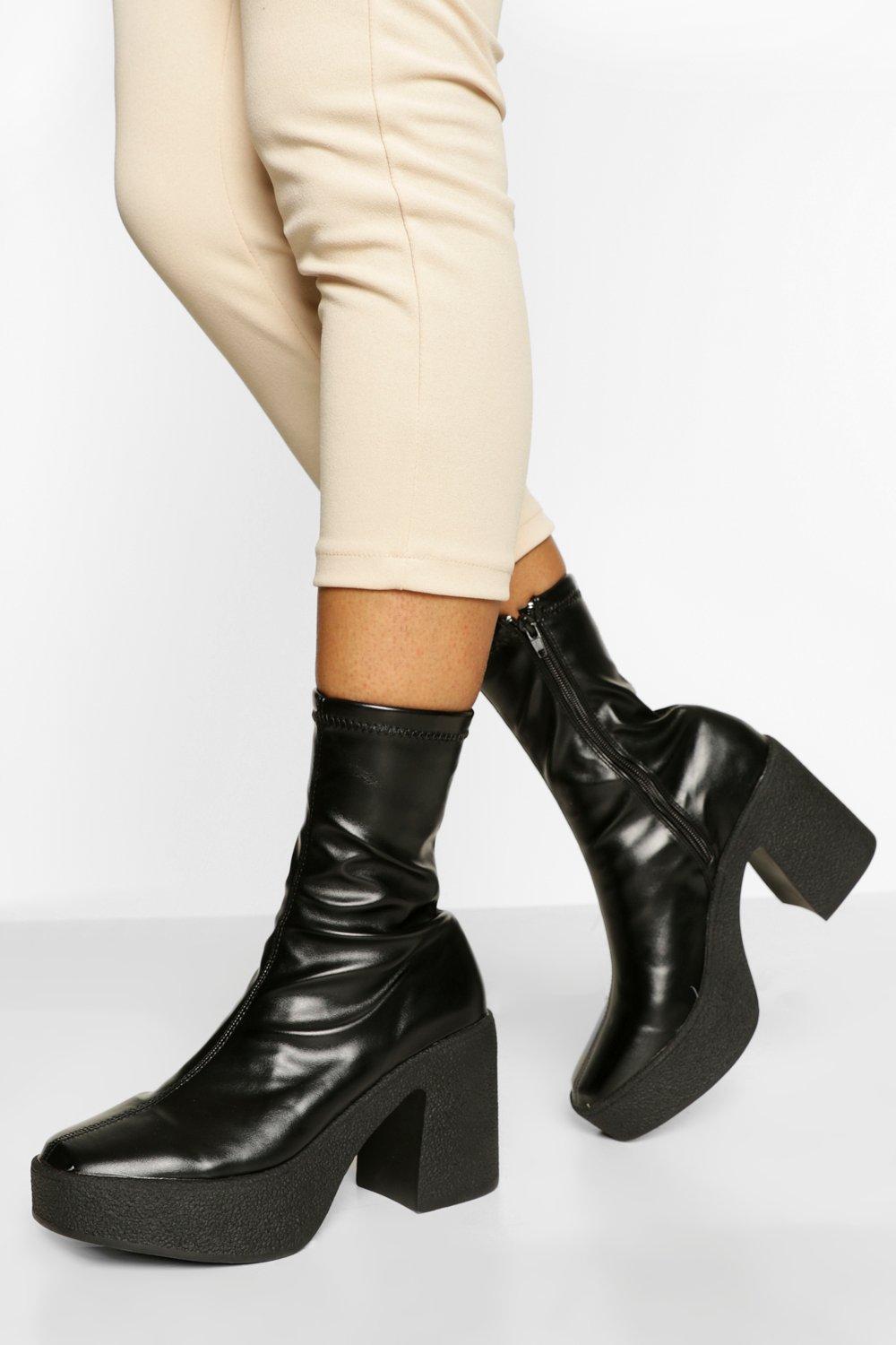 black chunky heel sock boots