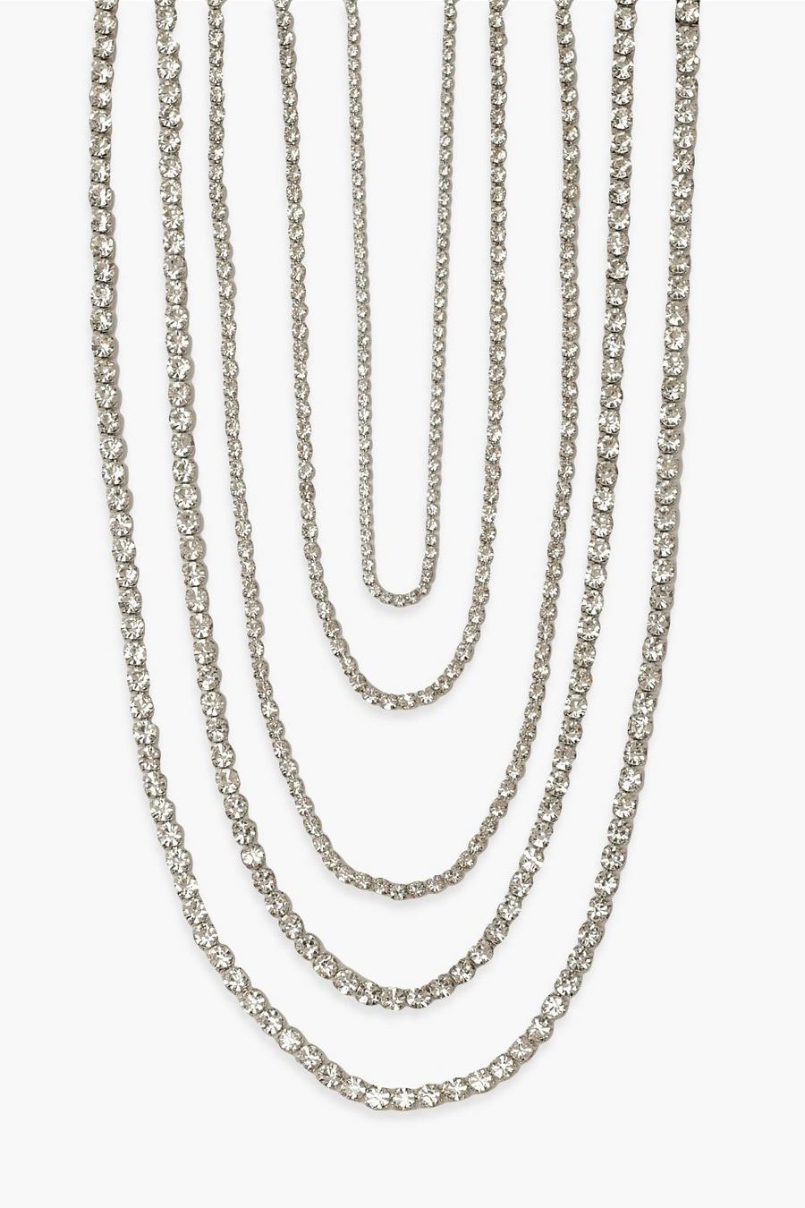 Silver 5 Layer Diamante Tennis Necklace image number 1