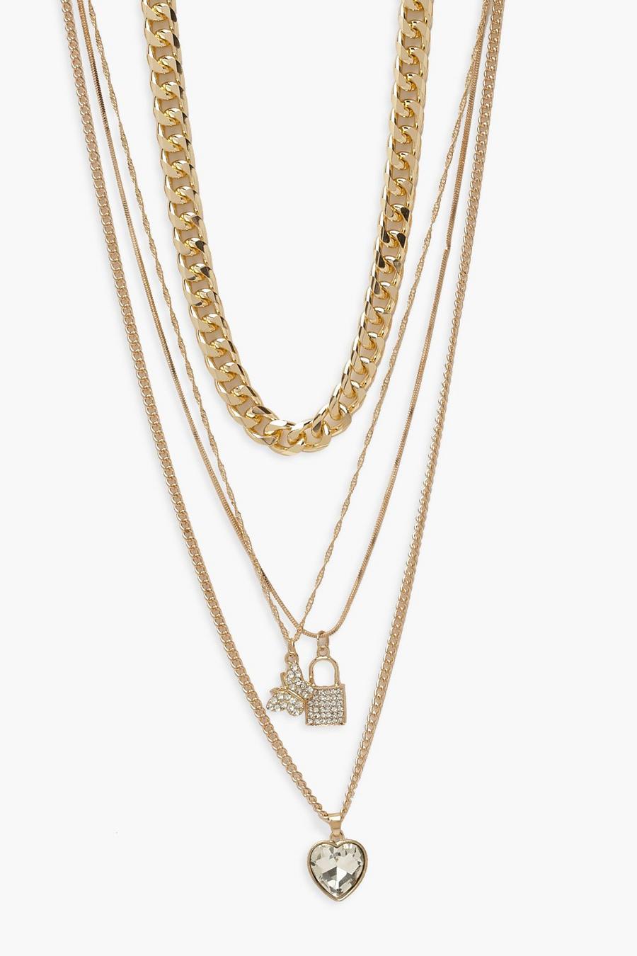 Gold Diamante Charm And Curb Chain 4 Pack Necklace image number 1