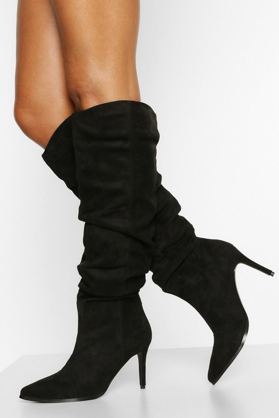 Black Slouched Stiletto Heel Knee High Boots image number 1