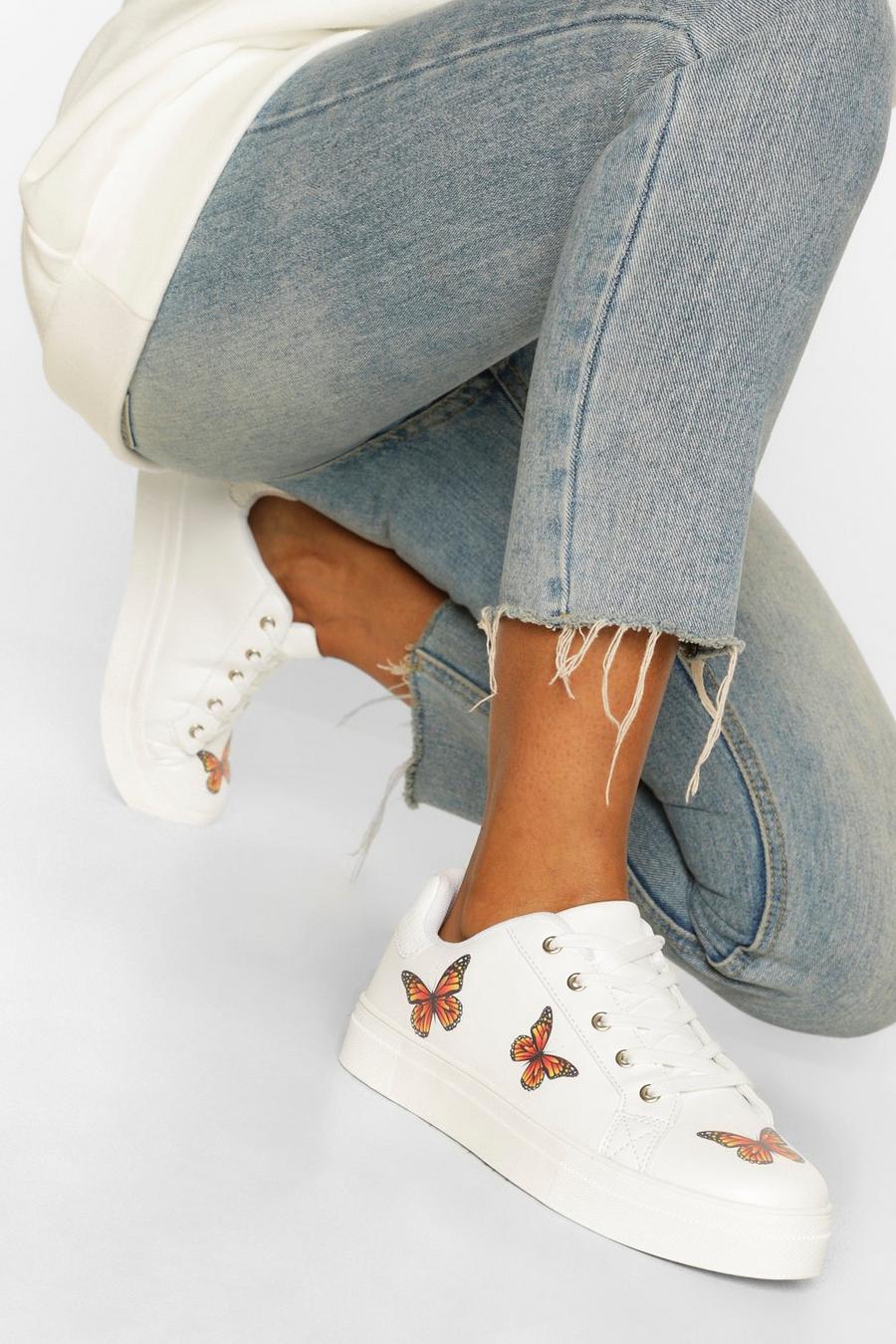 White Butterfly Detail Lace Up Flat Sneakers image number 1