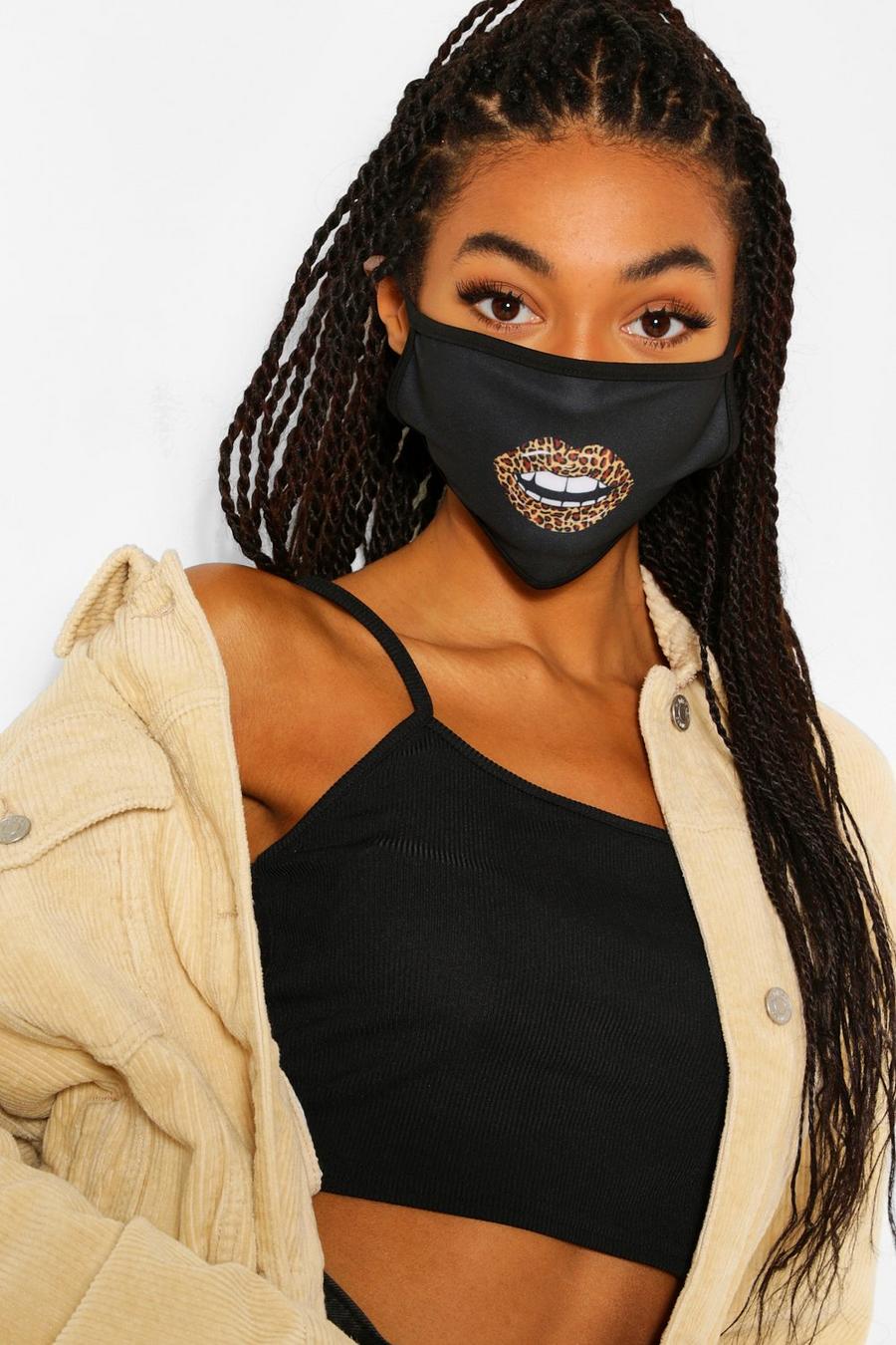 Black noir Leopard Lips Fashion Face Mask image number 1