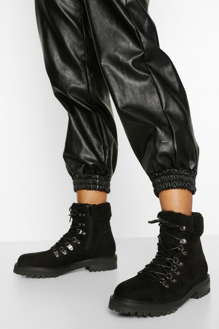 Black Faux Fur Cuff Chunky Combat Boots image number 1