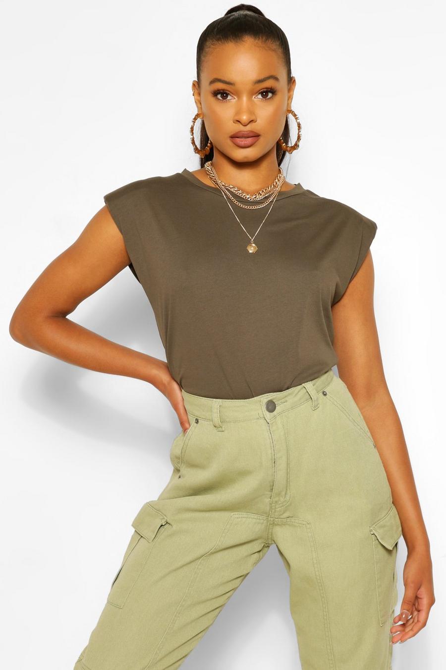 Khaki Shoulder Pad Statement Jersey T Shirt image number 1