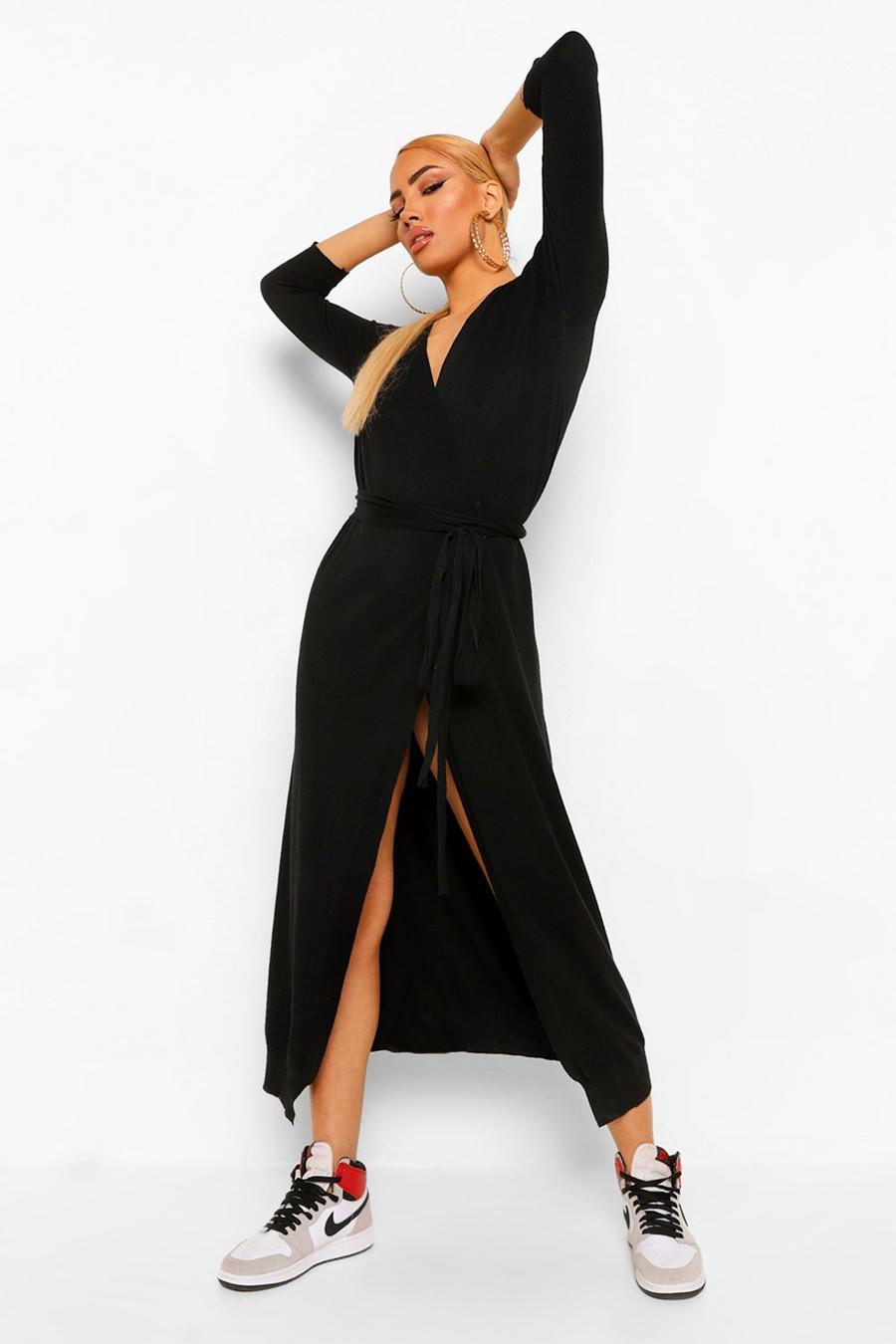 Black Fine Knit Wrap Midi Dress image number 1