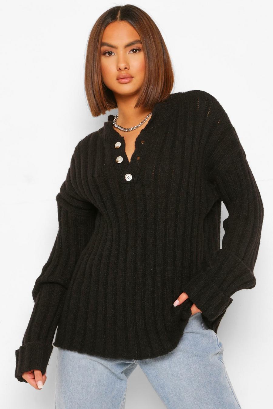 Black Chunky Rib Grandad Collar Sweater image number 1