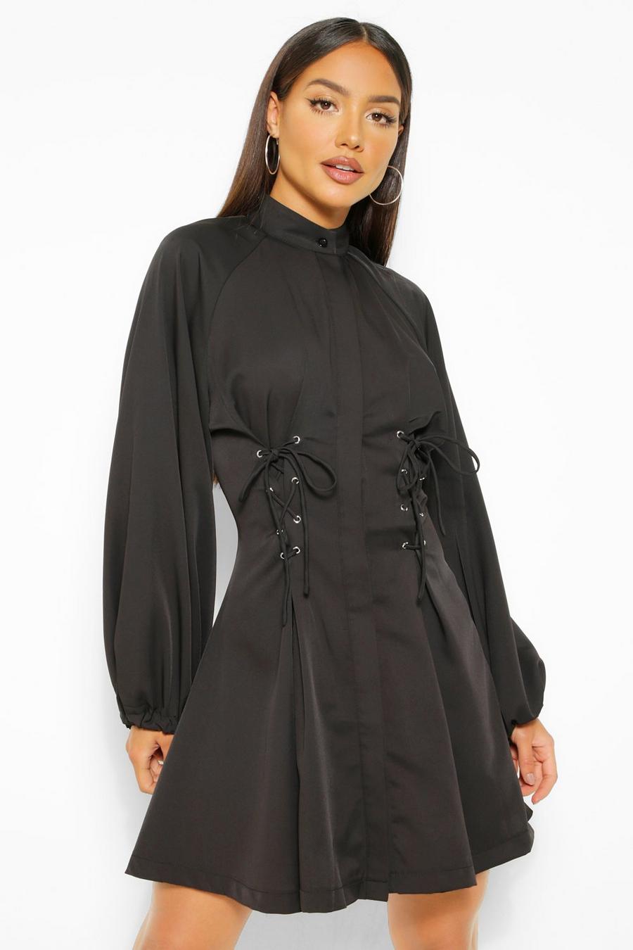 שחור שמלת סקייטר עם שרוכים וצווארון גבוה image number 1