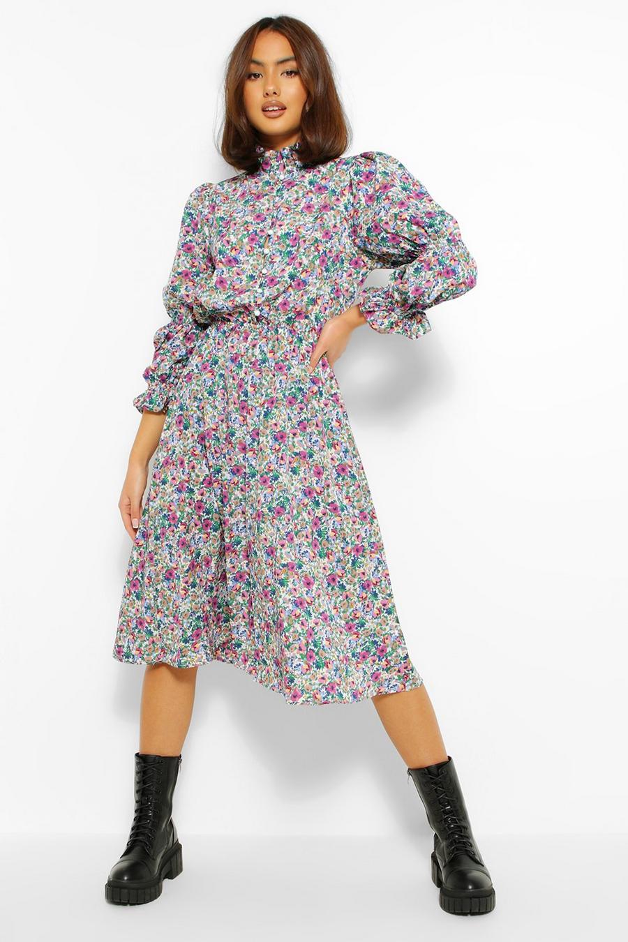 Hochgeschlossenes Skater-Kleid mit Puffärmeln und Blumenmuster, Violett image number 1