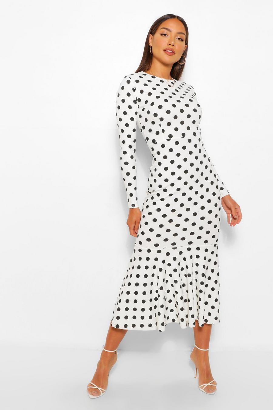 Black Polka Dot Fishtail Long Sleeve Midi Dress image number 1