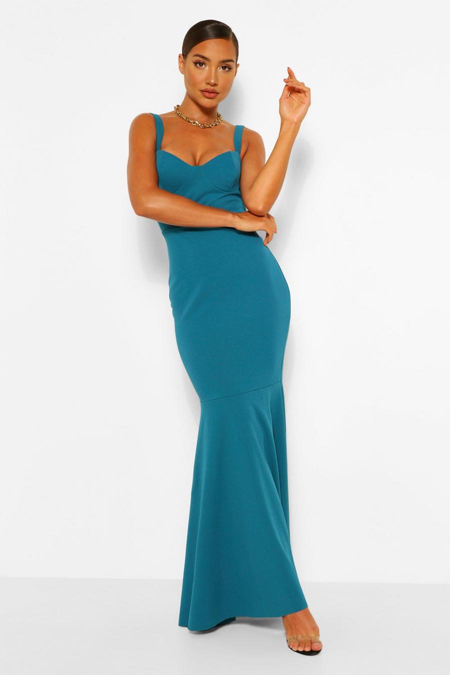 Teal Fitted Fishtail Maxi Bridesmaid Dress image number 1