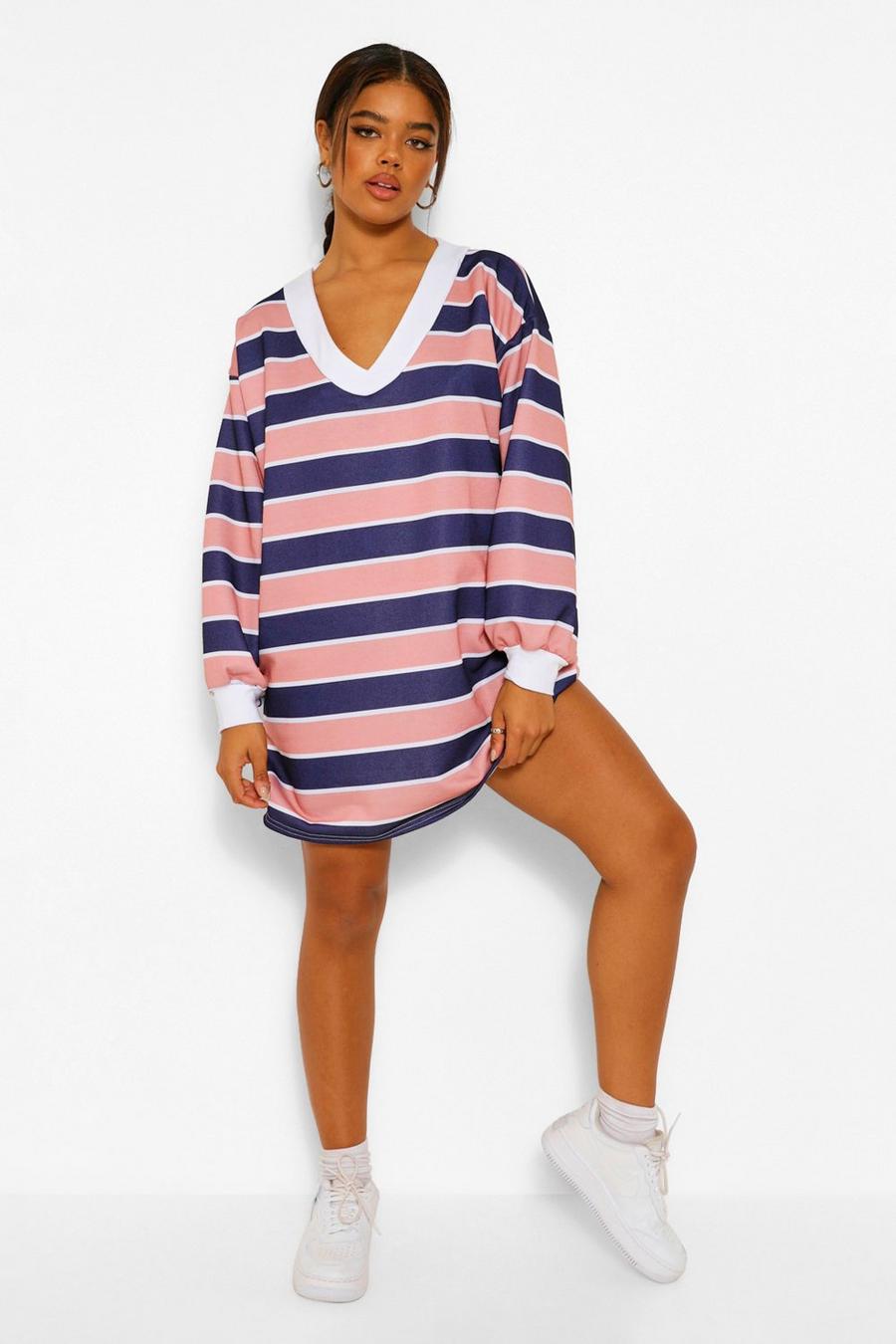 Pink High Neck Stripe Sweatshirt Dress image number 1