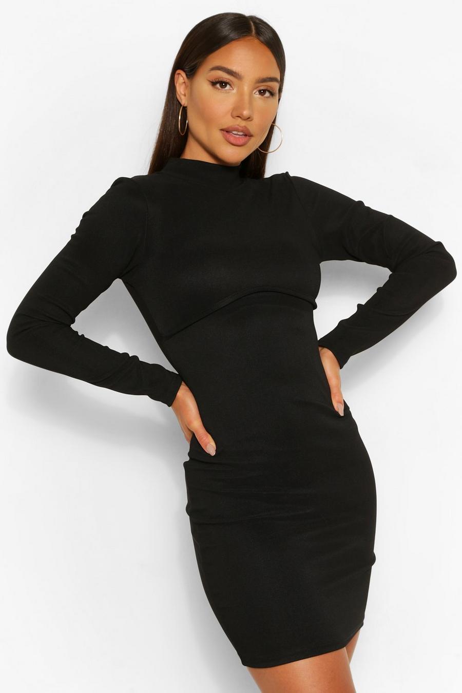 שחור שמלת מיני ריב בנדג' עם צווארון גבוה ושרוולים ארוכים image number 1