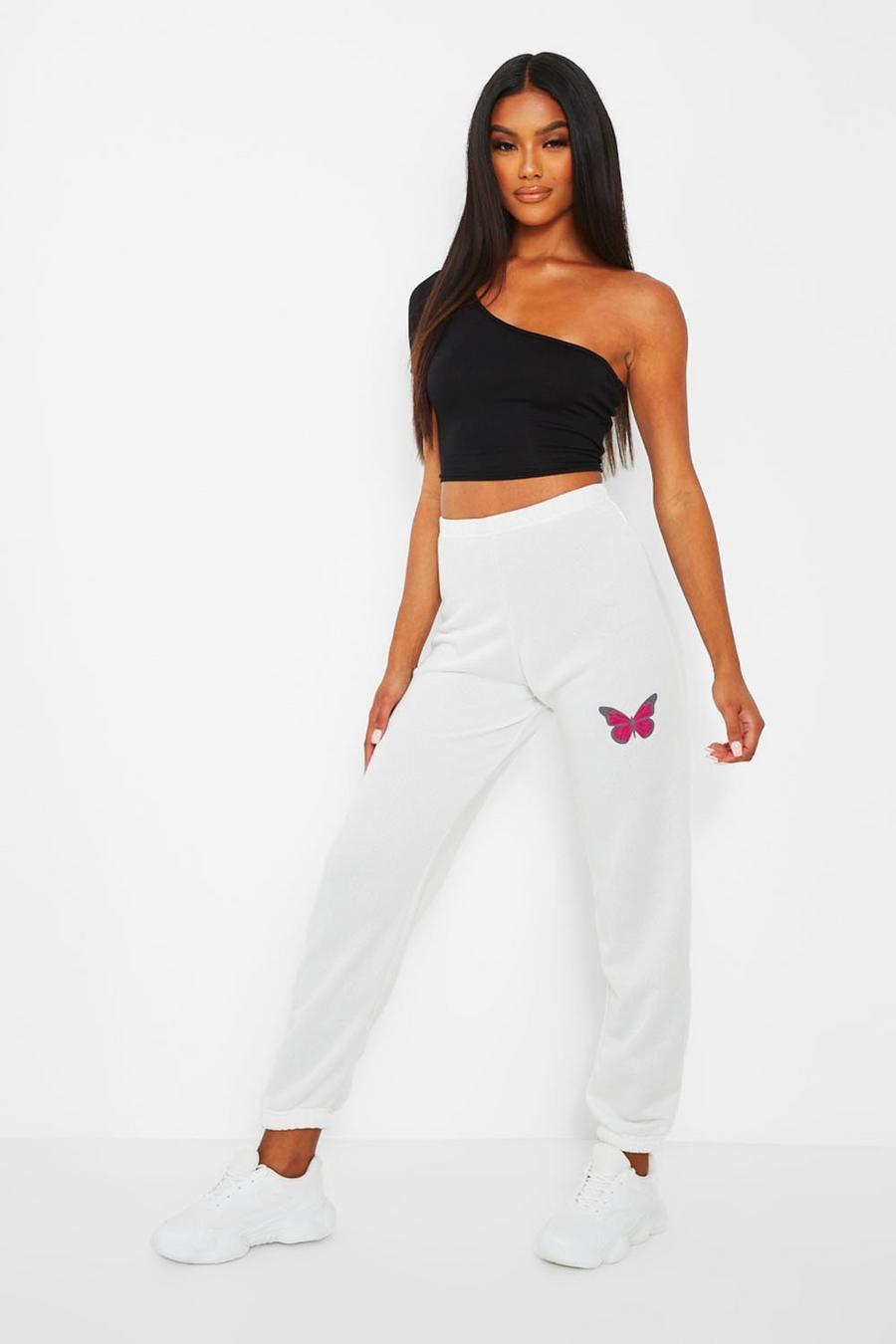 White Butterfly Print Joggerss image number 1