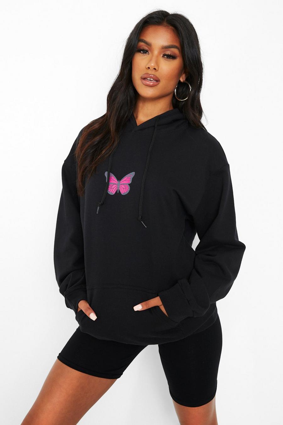 Sudadera con capucha y estampado de mariposas, Negro image number 1