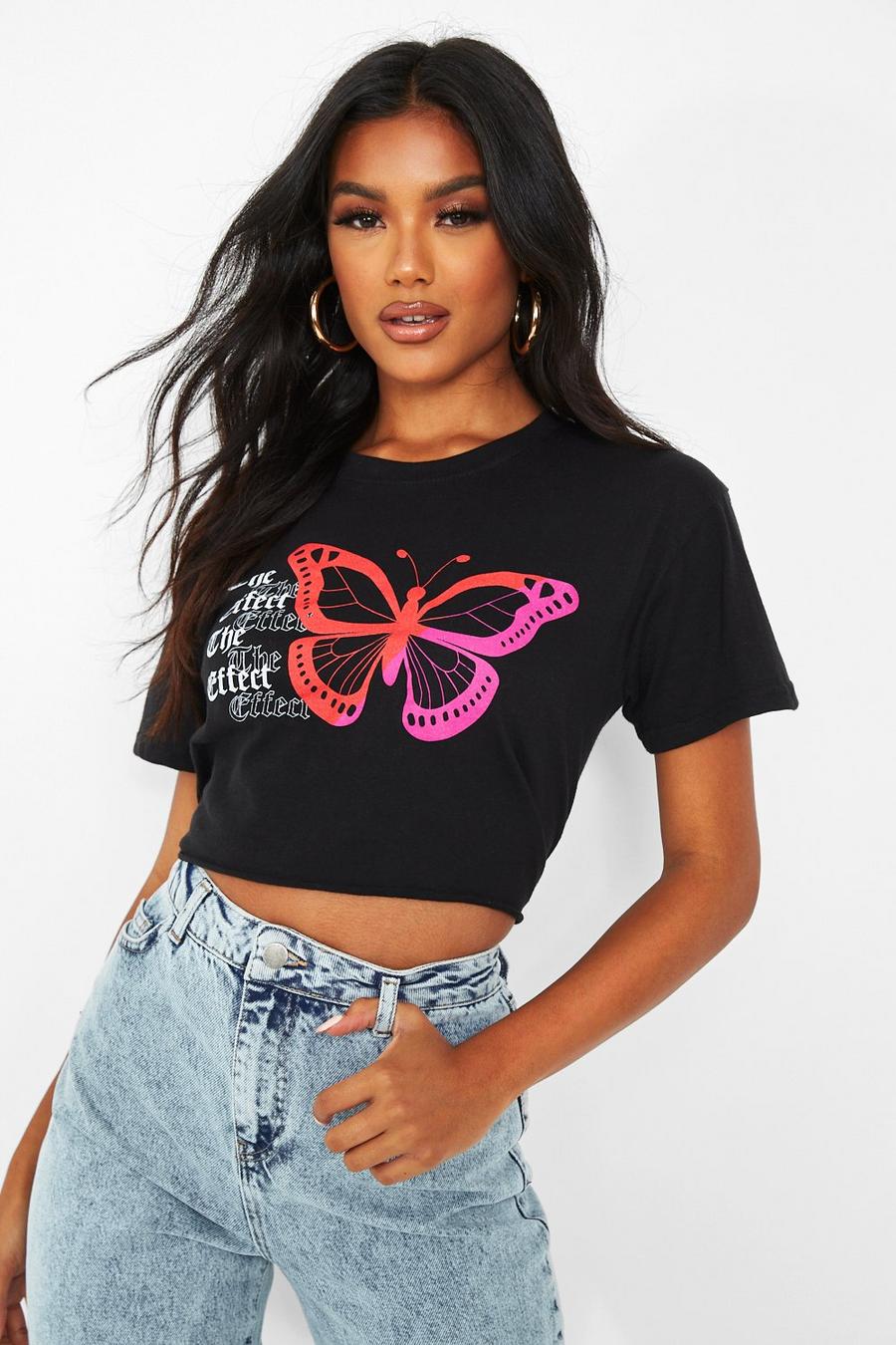 Cropped T-shirt met vlinderprint op de achterkant image number 1