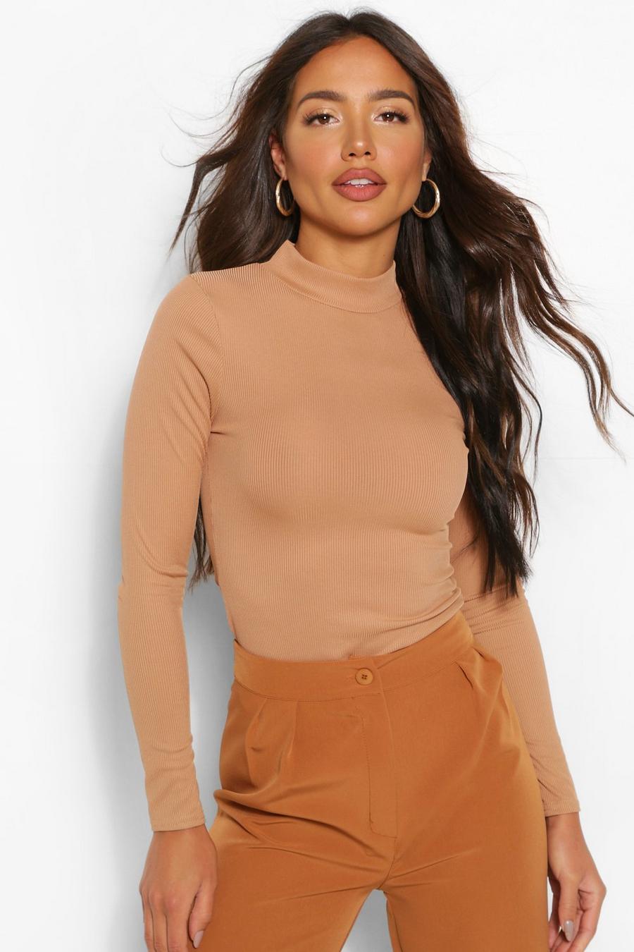 Toffee Rib High Neck Long Sleeve Top image number 1