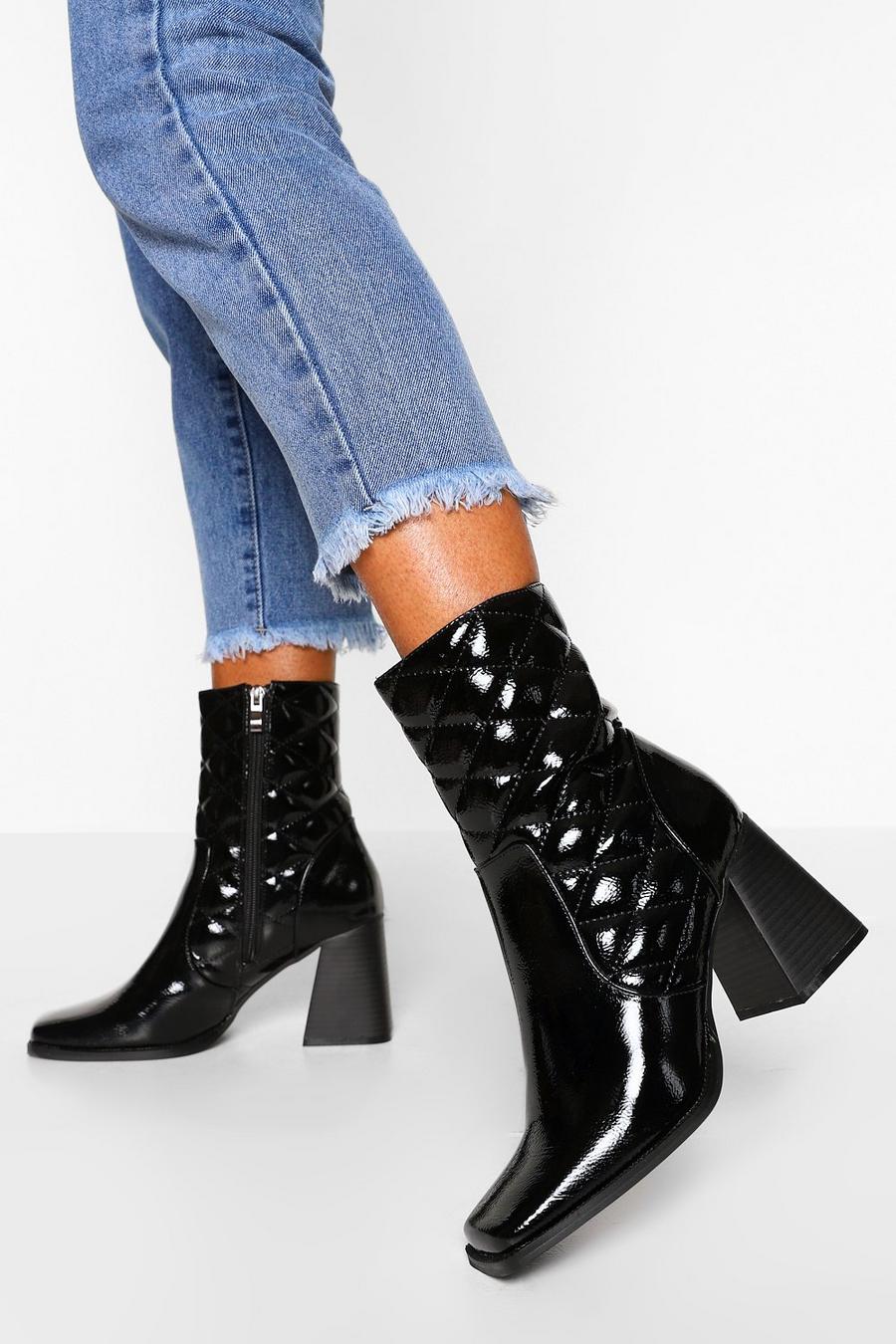 Quilted Patent Square Toe Shoe Boots | boohoo