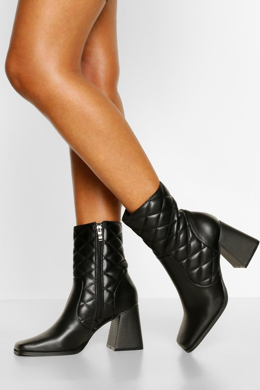 Black Quilted Square Toe Booties image number 1