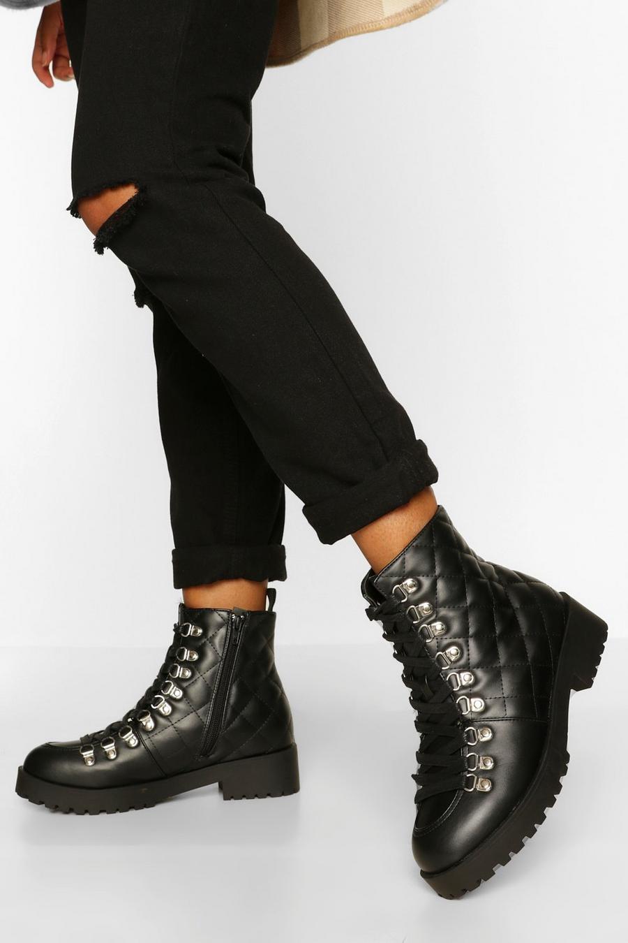 Black Quilted Panel Chunky Hiker Boots image number 1