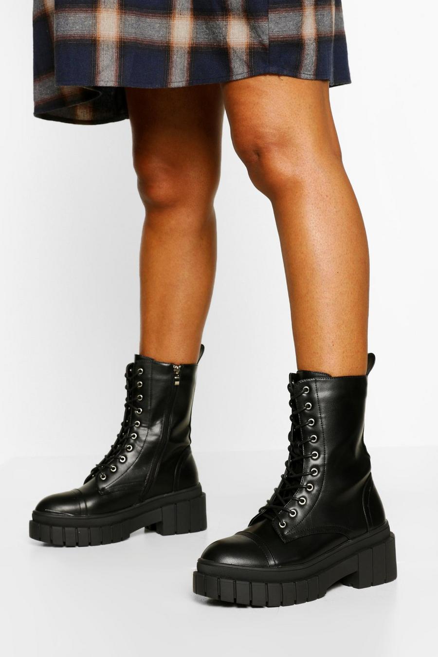 Black Chunky Sole Calf High Combat Boots image number 1